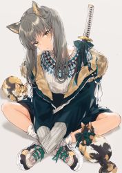 Rule 34 | 1girl, :|, animal ears, black jacket, black ribbon, calico, cat, cat ears, closed mouth, crossed legs, dangmill, freckles, fur-trimmed jacket, fur trim, grey background, grey hair, highres, jacket, long hair, looking at viewer, original, ribbon, shoes, sitting, sleeves past wrists, sneakers, socks, solo, sword, twintails, weapon, white ribbon, white socks, yellow eyes