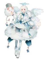 Rule 34 | 1girl, animal, boots, braid, capelet, chain paradox, dress, full body, fur-trimmed boots, fur trim, halo, hat, long hair, long sleeves, looking at viewer, pantyhose, red eyes, shiroshiro shiro, sidelocks, solo, transparent background, very long hair, white footwear, white hair, white pantyhose, white wings, wings