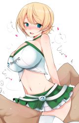 Rule 34 | 10s, 1boy, 1girl, :d, arms behind back, bare shoulders, belt, blonde hair, blue eyes, blush, braid, breasts, cleavage, clothed female nude male, clothed sex, clothes writing, cowgirl position, criss-cross halter, cum, darjeeling (girls und panzer), dark-skinned male, dark skin, eyebrows, french braid, girl on top, girls und panzer, green skirt, halterneck, han (jackpot), heart, hetero, huge breasts, implied sex, knees up, large breasts, layered skirt, looking at viewer, lying, midriff, motion lines, navel, nose blush, nude, on back, open mouth, pleated skirt, pussy juice, race queen, sex, shiny skin, short hair, simple background, skirt, smile, stomach, straddling, sweat, sweatdrop, text focus, thighhighs, thighs, upright straddle, white background, zettai ryouiki