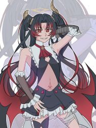Rule 34 | 1girl, asymmetrical legwear, bandages, black hair, commission, demon girl, fang, fangs, flat chest, highres, horns, idol corp, lily sin, long hair, multicolored hair, nose, pointy ears, red eyes, shirt, skirt, teeth, thighs, virtual youtuber, wings