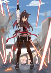 Rule 34 | 1girl, absurdres, animal ear fluff, animal ears, arknights, black footwear, black hair, black pantyhose, black shorts, bridge, brown eyes, city, cloud, clov3r, commentary request, day, dual wielding, fingerless gloves, full body, gloves, hair between eyes, highres, holding, holding sword, holding weapon, id card, jacket, long hair, long sleeves, looking at viewer, multicolored hair, outdoors, pantyhose, penguin logistics logo, red hair, shirt, shorts, solo, sword, tail, texas (arknights), two-tone hair, weapon, white jacket, wolf ears