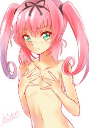 Rule 34 | 1girl, breast conscious, covering privates, covering breasts, engawa (rarenago), flat chest, green eyes, hairband, long hair, nana asta deviluke, navel, nude, pink hair, ribbon, small breasts, solo, to love-ru, twintails, upper body