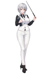 Rule 34 | 1girl, belt, black footwear, black legwear, black shirt, breasts, buttons, closed mouth, commentary request, fingernails, full body, high heels, highres, holding, large breasts, long sleeves, looking at viewer, necktie, original, pants, pointer, shirt, sidelocks, silver hair, simple background, smile, standing, toriatto gununu, vest, white background, white pants, yellow eyes