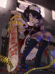 Rule 34 | 1girl, black hair, black lagoon, blood, boots, caution tape, chainsaw, character name, electrolarynx, frederica sawyer, goggles, goth fashion, green eyes, highres, looking at viewer, mask, mouth mask, scar, short hair, smile, solo, striped clothes, striped thighhighs, surgical mask, tanaka noel, thighhighs