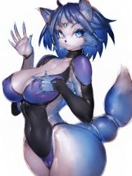 Rule 34 | 1girl, animal ears, blue eyes, blue fur, breasts, cleavage, covered navel, fishnets, fox ears, fox tail, fumio (rsqkr), furry, furry female, highres, krystal, looking at viewer, nintendo, solo, star fox, star fox adventures, tail, thick thighs, thighs