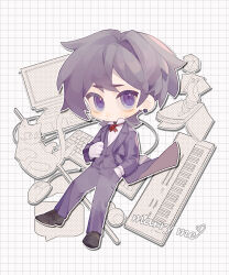 Rule 34 | 1boy, animal, black hair, blush, book, cat, chibi, computer, earrings, english text, formal, frown, full body, gloves, grid background, hand in pocket, highres, instrument, jewelry, keyboard (computer), keyboard (instrument), long sleeves, male focus, mouse (computer), neck ribbon, purple eyes, ribbon, sebastian (stardew valley), short hair, solo, speech bubble, stardew valley, suit, sweat, ying zui yu weiba de shengzhang
