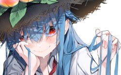 Rule 34 | 1girl, absurdres, black hat, blue hair, blush, closed mouth, food, fruit, hair between eyes, hat, highres, hinanawi tenshi, holding, holding own hair, long hair, peach, red eyes, simple background, smile, solo, straw hat, touhou, tsune (tune), upper body, wet, wet hair, white background