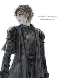 Rule 34 | 1boy, a song of ice and fire, armor, belt, blood, blood on face, blue eyes, brown hair, capelet, character name, game of thrones, gloves, highres, male focus, simple background, siuuu, solo, theon greyjoy, upper body, white background