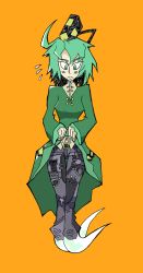 Rule 34 | 1girl, belt, clothes lift, commentary, denim, dress, dress lift, flying sweatdrops, ghost tail, green dress, green eyes, green hair, hat, jeans, matching hair/eyes, navel, pants, pants under dress, setz, simple background, soga no tojiko, solo, touhou