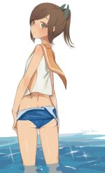 Rule 34 | 10s, 1girl, ass, bad id, bad twitter id, bare shoulders, blush, brown eyes, brown hair, butt crack, clothes pull, from behind, hayashi kewi, i-401 (kancolle), kantai collection, looking at viewer, looking back, one-piece swimsuit, one-piece swimsuit pull, ponytail, sailor collar, school swimsuit, school uniform, short hair, short ponytail, smile, solo, swimsuit, tan, twitter username