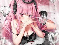 Rule 34 | 1girl, black nightgown, black tiara, blush, breasts, cleavage, graydo9, hair ornament, hololive, hololive english, lace trim, large breasts, long hair, looking at viewer, lying, mori calliope, mori calliope (sleepwear), nightgown, on side, pink eyes, pink hair, solo, tiara, virtual youtuber