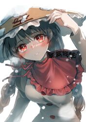 Rule 34 | 1girl, adjusting clothes, adjusting headwear, black hair, blush, braid, breasts, brown hat, buttons, capelet, dress, frilled capelet, frilled hat, frills, grey dress, hat, highres, juliet sleeves, kinese (katasutorohu), long hair, long sleeves, medium breasts, parted lips, puffy sleeves, red capelet, red eyes, simple background, snow on headwear, snowing, solo, touhou, translation request, twin braids, upper body, very long hair, white background, yatadera narumi