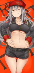 Rule 34 | 10s, 1girl, absurdres, belt, blush, breasts, cleavage, command and conquer, gangut (kancolle), gluteal fold, grey hair, groin, hair between eyes, hammer and sickle, hands on own hips, highres, kantai collection, long hair, midriff, navel, okiraku nikku, red background, red eyes, short shorts, shorts, smirk, solo, thigh gap, thighs, underboob