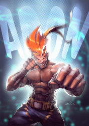 Rule 34 | 1boy, abraao lucas, abs, adon (street fighter), capcom, character name, clenched hand, clenched hands, clenched teeth, fighting stance, grin, halftone, halftone background, hand wraps, headband, male focus, moire, mongkhon, muscular, no pupils, nose, orange hair, shorts, signature, smile, solo, street fighter, teeth, wrist wrap