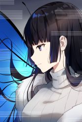 Rule 34 | 1girl, absurdres, black hair, blue eyes, butterfly wings, commentary request, highres, insect wings, long hair, mole, mole under eye, original, parted lips, profile, ribbed sweater, sada (sadahalu), solo, sweater, turtleneck, turtleneck sweater, wings