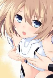 Rule 34 | 1girl, bare shoulders, blanc (neptunia), blue eyes, blush, brown hair, commentary request, hair between eyes, hands on own chest, iwashi dorobou -r-, leotard, looking at viewer, neptune (series), open mouth, short hair, solo, thigh gap, thighhighs, white heart (neptunia), white leotard