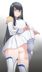 Rule 34 | 1girl, angry, black hair, blue eyes, blush, breasts, censored, clothes lift, frown, gradient background, handplug, highres, kill la kill, kiryuuin satsuki, large breasts, lifting own clothes, long hair, looking at viewer, looking down, no panties, pussy, simple background, skirt, skirt lift, solo, thick eyebrows, thighhighs, white thighhighs