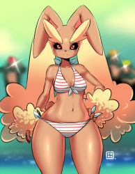 Rule 34 | 1girl, animal ears, animal nose, bikini, breasts, cleavage, creatures (company), dark skin, furry, furry female, game freak, gen 4 pokemon, hand on own hip, kenron toqueen, large breasts, lopunny, navel, nintendo, pokemon, pokemon (creature), rabbit ears, rabbit girl, side-tie bikini bottom, smile, solo focus, stomach, striped bikini, striped clothes, swimsuit, thick thighs, thighs, wide hips