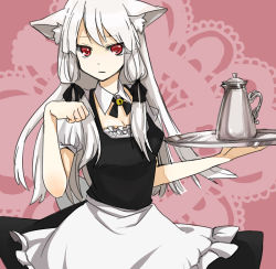 Rule 34 | 1girl, albino, animal ears, apron, bad id, bad pixiv id, bell, neck bell, bow, breasts, carrying, cat ears, cleavage, collar, cup, detached collar, dress, hair bow, hair ribbon, kurasawa moko, light frown, long hair, looking at viewer, maid, maid apron, original, paw pose, red eyes, ribbon, silver hair, solo, teacup, teapot, tray, tsurime