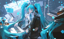 Rule 34 | 1girl, aqua hair, black thighhighs, closed eyes, closed mouth, collared shirt, commentary, cube, detached sleeves, hatsune miku, hatsune miku (nt), headphones, highres, instrument, keyboard (instrument), knees up, long hair, on chair, piapro, sheet music, shirt, sitting, solo, thighhighs, ttk (kirinottk), twintails, very long hair, vocaloid, white shirt, wide sleeves