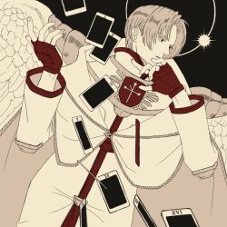 Rule 34 | 1boy, angel wings, archangel (baroque), baroque (series), card, cloak, dutch angle, fingerless gloves, floating card, gloves, halo, high collar, limited palette, long sleeves, looking to the side, male focus, parted bangs, red gloves, robe, short hair, solo, tarot, tarot (card), upper body, white robe, wings, yumeno sanagi (pupanimus)