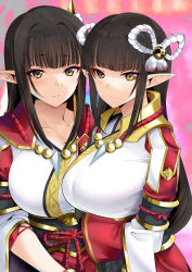 Rule 34 | 2girls, absurdres, black hair, blunt bangs, breasts, capcom, closed mouth, daive, hair ornament, highres, hinoa, japanese clothes, jewelry, kimono, large breasts, long hair, long sleeves, looking at viewer, minoto, monster hunter (series), monster hunter rise, multiple girls, necklace, obi, parted lips, pink background, pointy ears, sash, siblings, sidelocks, sisters, smile, twins, white kimono, wide sleeves, yellow eyes