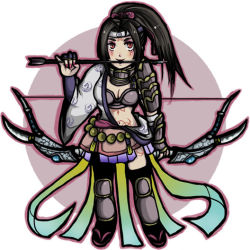 Rule 34 | 1girl, armor, arrow (projectile), black hair, bow (weapon), evil, female focus, full body, headband, inahime, long hair, midriff, orion (pixiv114854), ponytail, red eyes, sengoku musou, solo, tattoo, weapon