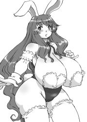 Rule 34 | 1girl, animal ears, breasts, covered erect nipples, female focus, groin, hip focus, huge breasts, long hair, monochrome, pasties, plump, rabbit ears, rabbit girl, rabbit tail, simple background, solo, standing, tail, tatara, thighhighs, very long hair, white thighhighs, wide hips