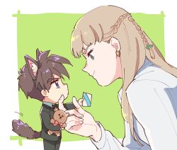 Rule 34 | 1boy, 1girl, animal ears, blue eyes, braid, brown hair, cat ears, cat tail, earrings, envelope, face, fake animal ears, fake tail, formal, gundam, gundam wing, hastune, heero yuy, holding, holding envelope, holding stuffed toy, jewelry, light brown hair, long hair, looking at another, mini person, miniboy, profile, purple eyes, relena peacecraft, short hair, smile, stuffed animal, stuffed toy, suit, tail