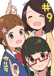 Rule 34 | 3girls, :d, absurdres, black hair, blazer, blue jacket, blush, bow, braid, brown eyes, brown hair, character name, commentary request, episode number, closed eyes, flower, futago nosaki, glasses, green eyes, hair flower, hair ornament, hairclip, highres, hitoribocchi no marumaru seikatsu, jacket, katsuwo (cr66g), kurie ito, light brown hair, long hair, looking at viewer, multiple girls, ok sign, onaka peko, open mouth, red-framed eyewear, red bow, school uniform, simple background, smile, sweater, twin braids, white background