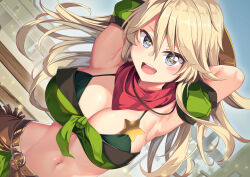 Rule 34 | 1girl, :d, armpits, arms up, bandeau, bare shoulders, belt, blonde hair, blue eyes, breasts, brown belt, cleavage, collarbone, commentary request, cosplay, cowboy shot, detached sleeves, dutch angle, fence, front-tie top, green bandeau, green skirt, green sleeves, groin, hair between eyes, hat on back, holster, iowa (kancolle), kantai collection, large breasts, light particles, long hair, looking at viewer, midriff, navel, open mouth, outdoors, puffy detached sleeves, puffy sleeves, red scarf, scarf, sheriff badge, sidelocks, skirt, smile, solo, standing, star (symbol), taiki shuttle (umamusume), taiki shuttle (umamusume) (cosplay), teeth, umamusume, upper teeth only, wooden fence, yasume yukito