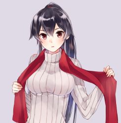 Rule 34 | 10s, 1girl, black hair, breasts, casual, hair between eyes, ichinomiya (blantte), kantai collection, large breasts, long hair, looking at viewer, parted lips, ponytail, red eyes, red scarf, ribbed sweater, scarf, sidelocks, solo, sweater, turtleneck, upper body, very long hair, yahagi (kancolle)