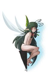 Rule 34 | 1girl, antennae, fairy, fairy wings, green hair, hushabye, long hair, nude, pointy ears, red eyes, simple background, sitting, solo, very long hair, white background, wings
