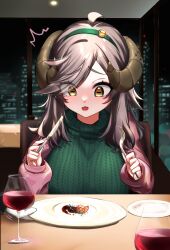 Rule 34 | 1girl, ahoge, blurry, blurry background, breasts, cityscape, cup, drinking glass, fangs, food, fork, gloves, green hairband, green sweater, grey hair, hairband, highres, holding, holding fork, holding knife, horizontal pupils, horns, indie virtual youtuber, jacket, knife, large breasts, lyla sheepi, medium hair, open mouth, pink jacket, plate, ponshu (ponshuislife), red wine, second-party source, sheep girl, sheep horns, skin fangs, solo, sweater, tearing up, turtleneck, turtleneck sweater, virtual youtuber, white gloves, wine glass, yellow eyes