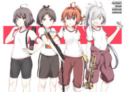 Rule 34 | 4girls, ahoge, arashi (kancolle), asashimo (kancolle), ayanami (kancolle), bike shorts, black shorts, blunt bangs, book, brown eyes, brown hair, character name, commentary request, cowboy shot, flat chest, grey eyes, gym uniform, hair over one eye, instrument, jumpsuit, jumpsuit around waist, kantai collection, kishinami (kancolle), long hair, multiple girls, pants, ponytail, red eyes, red hair, red jumpsuit, red pants, sharp teeth, shigino sohuzi, shirt, short hair, shorts, silver hair, t-shirt, teeth, track pants, trumpet, two-tone background, wavy hair, white background, white shirt