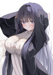 Rule 34 | 2girls, absurdres, adjusting hair, arms behind head, arms up, black coat, blunt bangs, blush, breasts, bright pupils, closed mouth, coat, commentary request, dress, fern (sousou no frieren), frieren, hair intakes, highres, hime cut, large breasts, long hair, looking at viewer, multiple girls, open clothes, open coat, piyopoyo, purple eyes, purple hair, ribbed dress, simple background, solo focus, sousou no frieren, straight hair, upper body, very long hair, white background, white dress