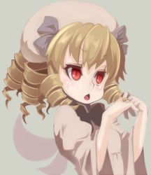 Rule 34 | 1girl, blonde hair, blush, bow, chestnut mouth, close-up, dress, drill hair, fairy, fairy wings, hat, luna child, open mouth, red eyes, short hair, solo, standing, touhou, uni mate, white dress, wings