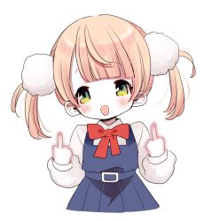 Rule 34 | 1girl, blonde hair, blue dress, blunt bangs, bow, bowtie, censored, censored gesture, cowboy shot, cropped torso, double middle finger, dress, false smile, green eyes, indie virtual youtuber, light blush, long sleeves, maitou, middle finger, mosaic censoring, open mouth, pinafore dress, pom pom (clothes), red bow, shigure ui (vtuber), shigure ui (vtuber) (young), shirt, simple background, sleeveless, sleeveless dress, smile, solo, twintails, virtual youtuber, white background, white shirt