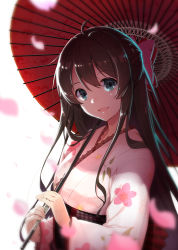 Rule 34 | 1girl, :d, akahito, bad id, bad pixiv id, blue eyes, blurry, blurry foreground, blush, breasts, brown hair, floral print, green eyes, hair ribbon, head tilt, highres, holding, holding umbrella, japanese clothes, kimono, lace, lace-trimmed kimono, lace trim, long hair, looking at viewer, medium breasts, obi, oil-paper umbrella, open mouth, petals, pink kimono, ribbon, sash, sidelocks, smile, solo, tamasaka makoto, tokyo 7th sisters, umbrella, upper body, very long hair