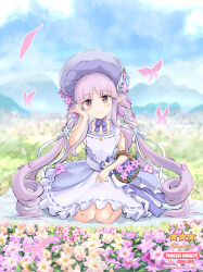 Rule 34 | 1girl, absurdres, basket, blush, bonnet, braid, braided ponytail, brown eyes, bug, butterfly, character name, closed mouth, collarbone, commentary request, copyright name, curly hair, dated, dot nose, dress, elf, field, flower, flower basket, flower bed, flower field, frilled dress, frilled sleeves, frills, full body, hair flower, hair ornament, hair ribbon, hair tie, hand in own hair, head tilt, highres, holding, holding basket, insect, kyoka (princess connect!), kyoka (spring) (princess connect!), long hair, looking at viewer, pink butterfly, pink flower, pointy ears, princess connect!, purple dress, purple hair, ribbon, ryp, sitting, smile, solo, twintails, very long hair, wariza