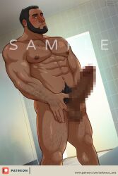 Rule 34 | 1boy, abs, arm hair, bara, bathroom, beard, blush, censored, cerberus arts, character request, chest hair, completely nude, copyright request, crotch grab, dark-skinned male, dark skin, dutch angle, facial hair, feet out of frame, full beard, girthy penis, hairy, large pectorals, large penis, leg hair, looking at viewer, looking down, male focus, male pubic hair, mature male, mosaic censoring, muscular, muscular male, mustache stubble, navel hair, nude, old, old man, paid reward available, pectorals, penis, pubic hair, sample watermark, short hair, solo, standing, stubble, sunlight, watermark, wrinkled skin