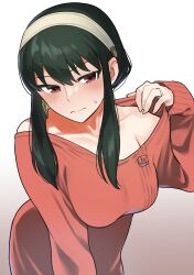 Rule 34 | 1girl, bare shoulders, black hair, blush, breasts, cleavage, clothes lift, collarbone, dress, earrings, gold earrings, gold hairband, hairband, highres, jewelry, large breasts, off-shoulder sweater, off shoulder, omucchan (omutyuan), red eyes, red sweater, sidelocks, solo, spy x family, sweater, sweater dress, two-sided fabric, yor briar