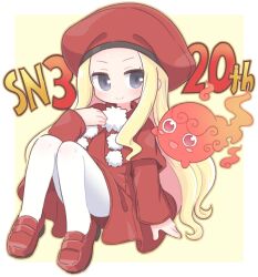 Rule 34 | 1girl, anniversary, belfraw martini, beret, blonde hair, brown background, capelet, chibi, closed mouth, commentary request, convenient leg, dress, forehead, full body, grey eyes, hand up, hat, highres, knees up, loafers, long hair, long sleeves, looking at viewer, naga u, pantyhose, red capelet, red dress, red footwear, red headwear, shoes, sitting, sleeves past wrists, smile, summon night, summon night 3, two-tone background, very long hair, white background, white pantyhose
