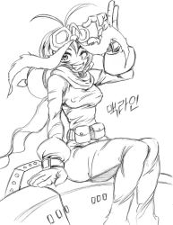 Rule 34 | 1girl, antenna hair, corki, covered erect nipples, gender request, genderswap, gloves, goggles, goggles on head, greyscale, grin, korean text, league of legends, looking at viewer, monochrome, one eye closed, personification, scarf, simple background, sitting, smile, solo, taut clothes, translation request, white background, wink