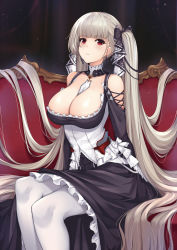 Rule 34 | 1girl, absurdly long hair, azur lane, blush, breasts, choker, collarbone, corset, couch, dark background, earrings, feet out of frame, formidable (azur lane), frills, hair ribbon, highres, jewelry, large breasts, lips, long hair, necktie, pak ce, pantyhose, platinum blonde hair, red eyes, ribbon, sitting, solo, twintails, two-tone dress, two-tone ribbon, very long hair