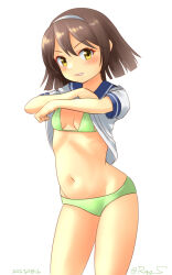 Rule 34 | 1girl, bikini, black hair, blue sailor collar, breasts, brown eyes, contrapposto, green bikini, hairband, kantai collection, looking at viewer, navel, one-hour drawing challenge, ray.s, sailor collar, sailor shirt, shirt, short hair, small breasts, solo, standing, swimsuit, tanikaze (kancolle), twitter username, undressing, white hairband