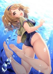 Rule 34 | 10s, 1girl, :d, air bubble, animal, ass, bare legs, barefoot, blue one-piece swimsuit, blush, breasts, brown eyes, brown hair, bubble, covered erect nipples, cropped jacket, eyelashes, feet, fish, from behind, from below, hairband, i-26 (kancolle), jacket, kantai collection, kase daiki, legs up, light rays, looking at viewer, looking down, medium breasts, new school swimsuit, one-piece swimsuit, open clothes, open jacket, open mouth, outdoors, plantar flexion, school swimsuit, short hair, short sleeves, silhouette, smile, solo, submerged, sunlight, swimsuit, tareme, toes, two-tone hairband, underwater, water