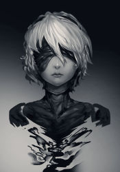 Rule 34 | 1girl, absurdres, advarcher, black background, blindfold, closed mouth, covered eyes, cropped torso, dissolving, gradient background, greyscale, hair between eyes, hairband, highres, lips, monochrome, nier:automata, nier (series), short hair, sketch, smoke, solo, white hair, 2b (nier:automata)