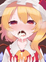 Rule 34 | 1girl, ascot, blonde hair, blush, brown background, crystal, cum, cum in mouth, fingernails, flandre scarlet, frilled shirt collar, frills, hair between eyes, hands up, hat, heart, heart-shaped pupils, heavy breathing, mob cap, nose blush, one side up, red eyes, red vest, simple background, solo, symbol-shaped pupils, tears, touhou, upper body, vest, white hat, wings, yamase, yellow ascot