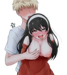 Rule 34 | 1boy, 1girl, artist request, black hair, blush, grabbing another&#039;s breast, breasts, breasts out, faceless, faceless male, grabbing, grabbing from behind, long hair, nipples, open mouth, red eyes, red sweater, simple background, spy x family, sweater, tongue, tongue out, twilight (spy x family), white background, yor briar